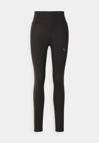 Mustad ja venivast materjalist mustad legginsid kõrge vöökohaga. Peened kontrastõmblused ja väike logo vasakul küljel.