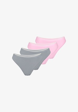 Set di quattro slip in grigio e rosa. Caratteristiche includono una texture liscia, design a vita bassa e fascia elastica bianca a contrasto.