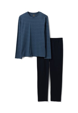 Long-sleeve navy blue striped top with round neck paired with plain dark navy elastic waist pants.