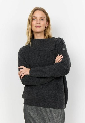 Dark gray knitted sweater with a high, folded collar and button accents on the shoulder. Soft texture and relaxed fit with long sleeves.