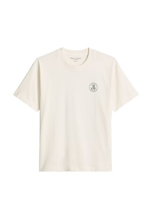 T-shirt écru à manches courtes avec col rond et petit logo circulaire "M OP" sur le côté gauche de la poitrine.