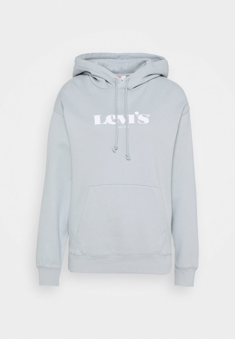 Sweat à capuche Levi's gris clair avec poche avant kangourou et texte logo blanc sur la poitrine, doté d'une capuche à cordon de serrage et de poignets côtelés.