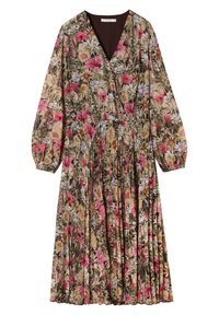 Blumenkleid mit langen Puffärmeln, plissiertem Rock und tiefem V-Ausschnitt. Es zeichnet sich durch eine Mischung aus pinken, gelben und weißen Blumen auf einem braunen Hintergrund aus.