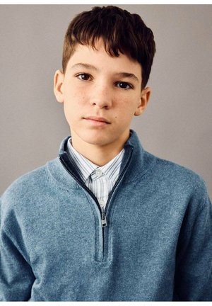 Pull bleu zippé avec une finition texturée, superposé à une chemise à col à rayures claires. L'arrière-plan est gris neutre.