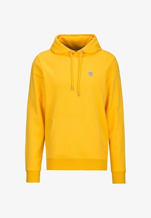 Sweat à capuche jaune avec poche avant, cordons de serrage et petit emblème noir et blanc sur le côté gauche de la poitrine.