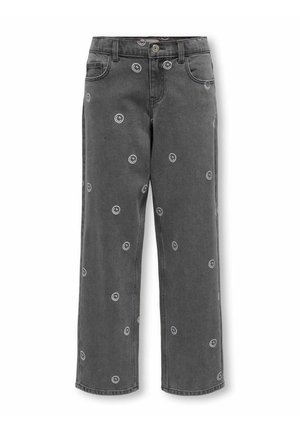 Mørkegrå jeans med lige ben, forlommer, bæltestropper, knaplukning og spredte hvide smiley-print.