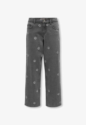 Jeans gris oscuro de pierna recta con bolsillos delanteros, trabillas para cinturón, cierre de botón y estampados dispersos de caras sonrientes blancas.