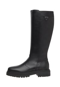 Knee-high black leather boots with chunky rubber sole, smooth texture, slight shine, and a logo at the top outside of the shaft.