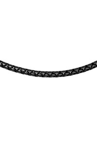 Collana in catena nera in metallo con maglie intrecciate, caratterizzata da una finitura liscia e un motivo uniforme lungo tutta la sua lunghezza.