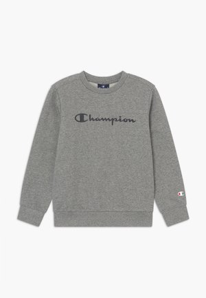 Szara bluza z długim rękawem z nadrukiem logo "Champion" w ciemnym kolorze na piersi oraz małą naszywką z logo na mankiecie lewego nadgarstka.