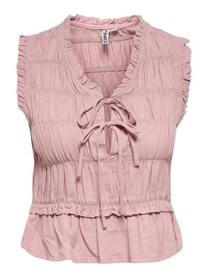 Be rankovių šviesiai rožinė palaidinė su rauktomis detalėmis, volanėliais ir dviem surišamomis juostelėmis prie V formos kaklo, tekstūruota medžiaga ir peplumo tipo apačia.