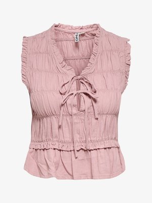 Blusa sin mangas de color rosa claro con fruncidos, bordes con volantes y dos lazos atados en el escote en v, tejido texturizado y dobladillo tipo peplum.