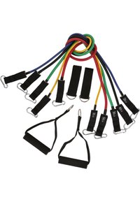 Motståndsband i flera färger (röd, gul, grön, blå, svart) med svarta handtag; inkluderar viktskyltar: 10, 20, 30, 40, 50 lbs.