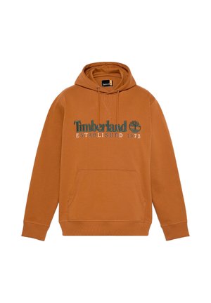 Felpa marrone in cotone, con tasca a marsupio, cappuccio con cordoncino e logo Timberland in verde e bianco con la scritta "Established 1973."