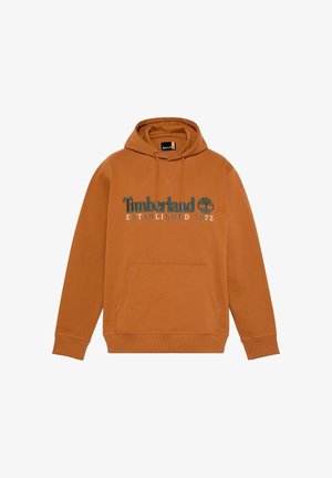 Felpa marrone in cotone, con tasca a marsupio, cappuccio con cordoncino e logo Timberland in verde e bianco con la scritta "Established 1973."