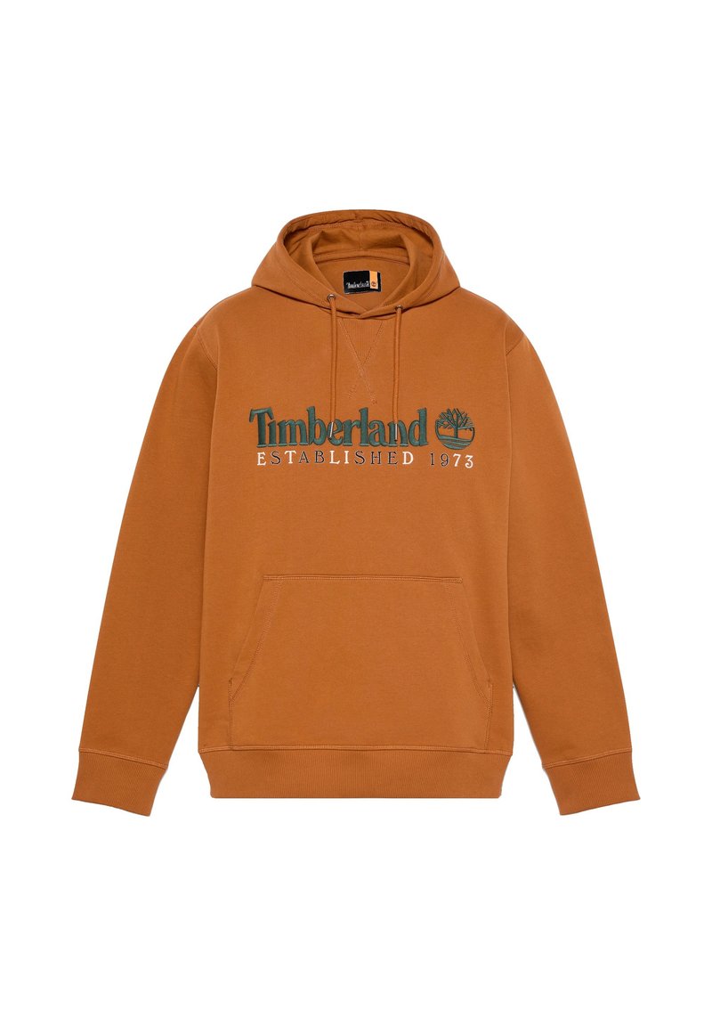 Hoodie marron en coton, avec poche kangourou, capuche à cordon de serrage et logo Timberland en vert et blanc avec "Établi en 1973."