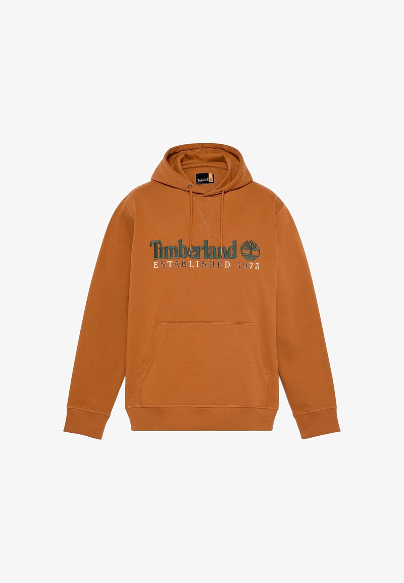 Hoodie marron en coton, avec poche kangourou, capuche à cordon de serrage et logo Timberland en vert et blanc avec "Établi en 1973."