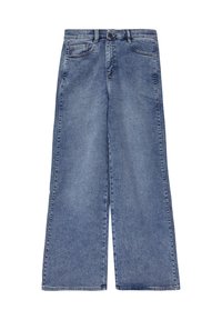 Helleinen blaue Denim-Jeans mit weitem Bein und hoher Taille, genähten Fronttaschen und einem sauberen Finish. Der Stoff hat eine leichte Struktur und einen verwaschenen Effekt.