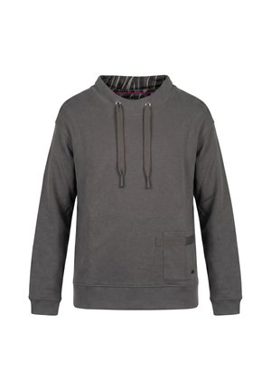 Dunkelgrauer Sweatshirt mit langen Ärmeln, hohem Kragen, verstellbaren Kordeln und einer kleinen Vorderseite-Tasche unten rechts.