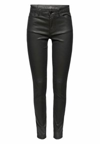 Jean skinny en cuir noir avec une texture lisse, doté d'une ceinture standard, de passants pour ceinture et de poches avant.