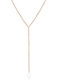 Naszyjnik łańcuszkowy w kolorze różowego złota z kształtem litery Y, z gładką białą perłą na końcu. Łańcuch ma skręconą fakturę.