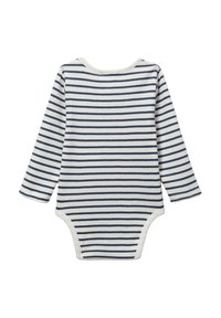 Body bébé à manches longues, avec des rayures horizontales bleu marine et blanches, présentant un col rond et des fermetures à pression en bas.