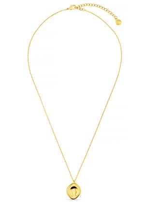 Halskette mit goldfarbener Beschichtung, feiner Kette und einem organisch geformten Anhänger, der glatte, reflektierende Oberflächen und sanfte Kurven aufweist.