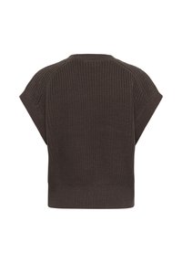 Gilet sans manches en maille marron foncé à manches courtes, vu de dos, avec une texture côtelée et de larges emmanchures légèrement inclinées.