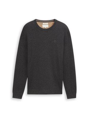 Donkergrijze trui met lange mouwen en ronde hals, voorzien van geribbelde boorden aan de mouwen en zoom, met een klein geborduurd logo op de linkerborst.