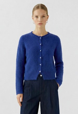 Vrouw met naar achteren gestyled haar draagt zilveren oorringen, een blauwe gebuttonde cardigan en donkere geplooide broek met handen in de zakken.