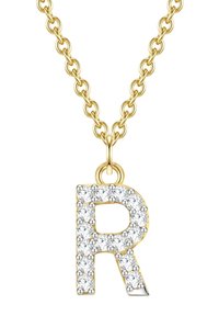Zelta ķēdes kaklarota ar lielu, mirdzošu burta "R" piekariņu, kas rotāts ar caurspīdīgiem rhinestones, spīdīgu apdari un gludu tekstūru.