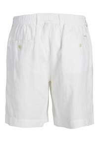 Shorts en lin blancs avec une taille élastique, dotés de deux poches arrière avec des fermetures à bouton et un ourlet roulé. Texture légère.