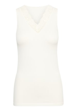 Camiseta de tirantes blanca con escote en V de encaje con borde festoneado. Presenta una forma ajustada y una textura suave, adecuada para superponer o usar de manera casual.