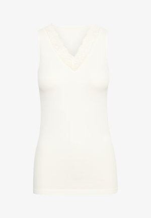 Valge ribaga sangadega t-särk, millel on laineline pitsist V-kaelus. Omab vormitud siluetti ja siledat tekstuuri, sobides ideaalselt kihiti kandmiseks või igapäevaseks seljas hoidmiseks.