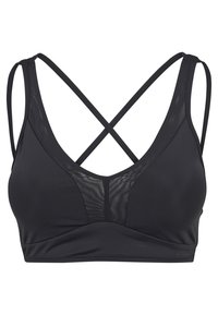 Črn športni modrček z V-izrezom, izdelan iz gladkega materiala, s prepletenimi naramnicami na hrbtni strani in mrežasto ploščo spredaj za boljšo zračnost.