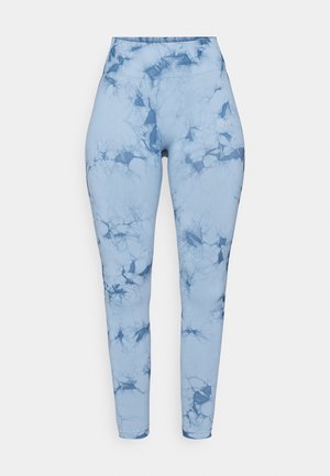 Blue marble-patterned leggings with a high waistband, made from stretchy fabric featuring a smooth texture and fitted design.