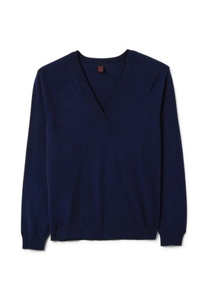 Pull en V bleu marine en tissu tricot doux. Présente des poignets et un ourlet côtelés, avec une coupe décontractée et des coutures d'épaule diagonales.