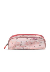 Zippered pencil case with a white and pink striped pattern, featuring black hearts and stars, made of durable fabric. Bright pink zipper accent.