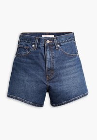 Shorts en denim taille haute de couleur bleu foncé avec une coupe classique, présentant une fermeture à bouton, des passants de ceinture et des poches avant.