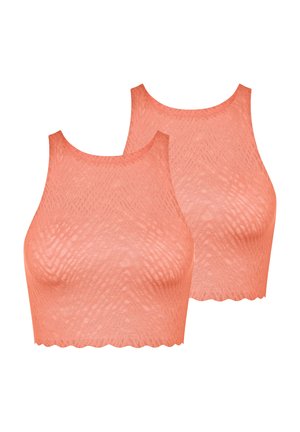 Two cropped tops in coral color, made of textured fabric with a wavy hemline and a round neckline, designed for comfort and fit.