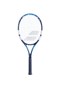 Tennisketsjer med en marineblå og blå ramme samt et struktureret sort håndtag. Åben snormønster og særpræget Y-formet halsdesign.