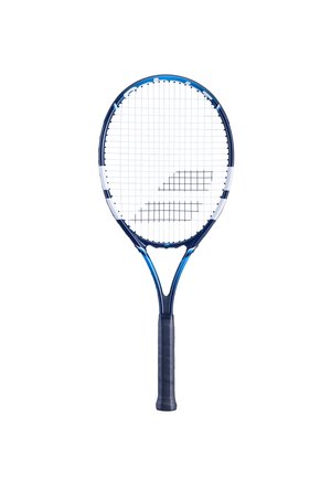 Tennisketsjer med en marineblå og blå ramme samt et struktureret sort håndtag. Åben snormønster og særpræget Y-formet halsdesign.