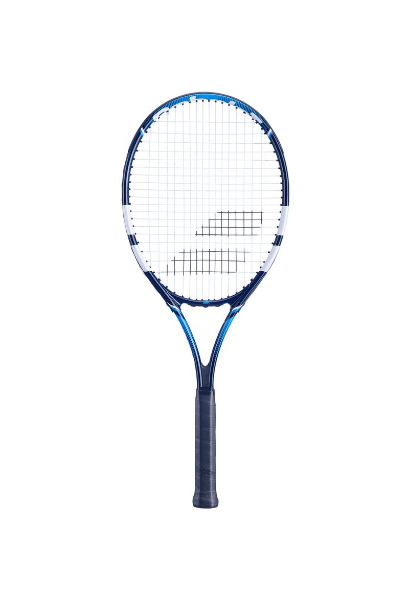 Tennisketsjer med en marineblå og blå ramme samt et struktureret sort håndtag. Åben snormønster og særpræget Y-formet halsdesign.