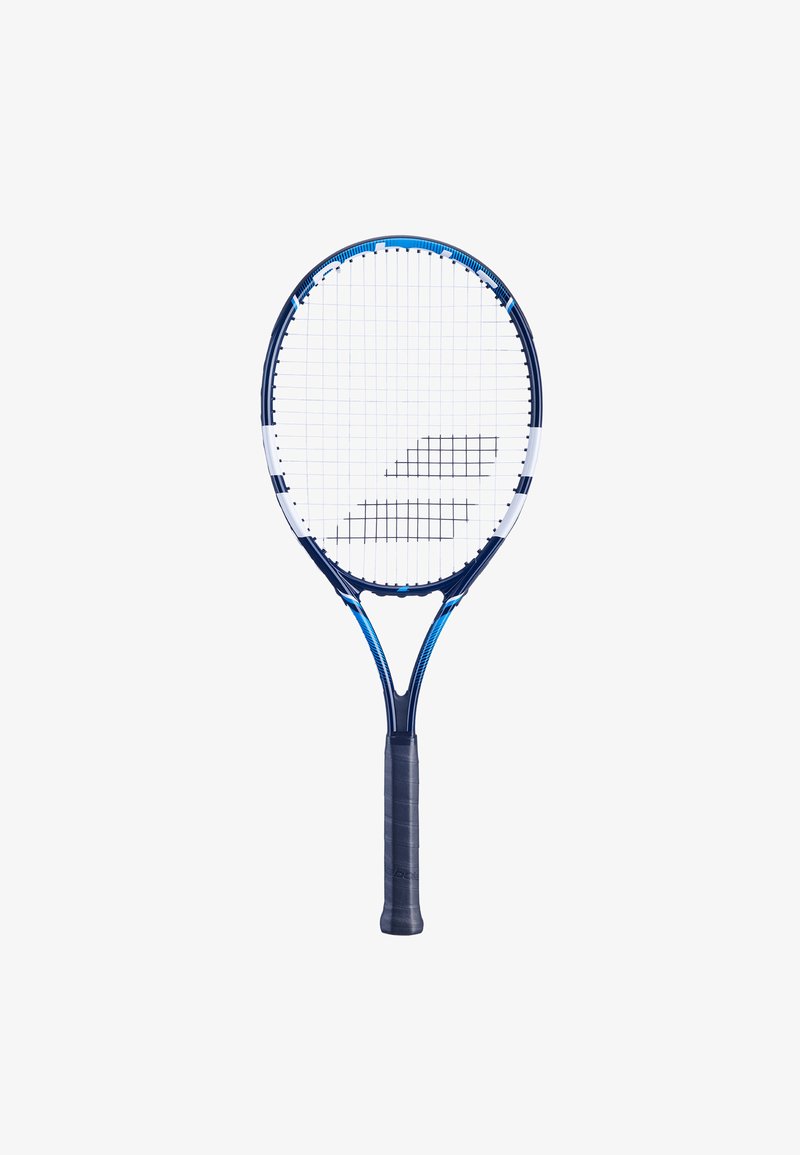 Tennisketsjer med en marineblå og blå ramme samt et struktureret sort håndtag. Åben snormønster og særpræget Y-formet halsdesign.