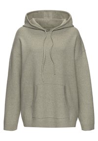 Sudadera con capucha en tejido de punto gris claro. Cuenta con un bolsillo canguro, puños y dobladillo acanalados, y cordones en el cuello.