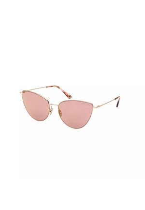 Occhiali da sole a forma di gatto con montatura metallica color rosa gold e lenti rosa. Templi sottili e un logo discreto su una lente. Finitura liscia.