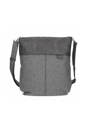 Gray crossbody bag with adjustable strap, fabric body, and darker faux leather top section with visible stitching and small brand tag.