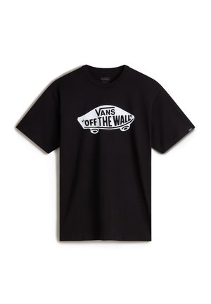 Czarna koszulka Vans z białym logo deskorolki i tekstem "Vans Off The Wall" z przodu. Krótkie rękawy i okrągły dekolt.