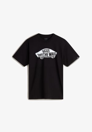 T-shirt Vans noir avec logo skateboard blanc et texte "Vans Off The Wall" sur le devant. Manches courtes et col rond.