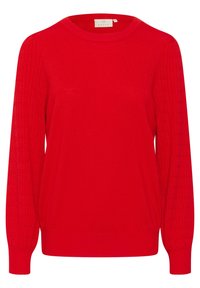 Suéter rojo con un cuerpo liso y mangas acanaladas texturizadas. El diseño se completa con un escote en forma de barco y puños ajustados.